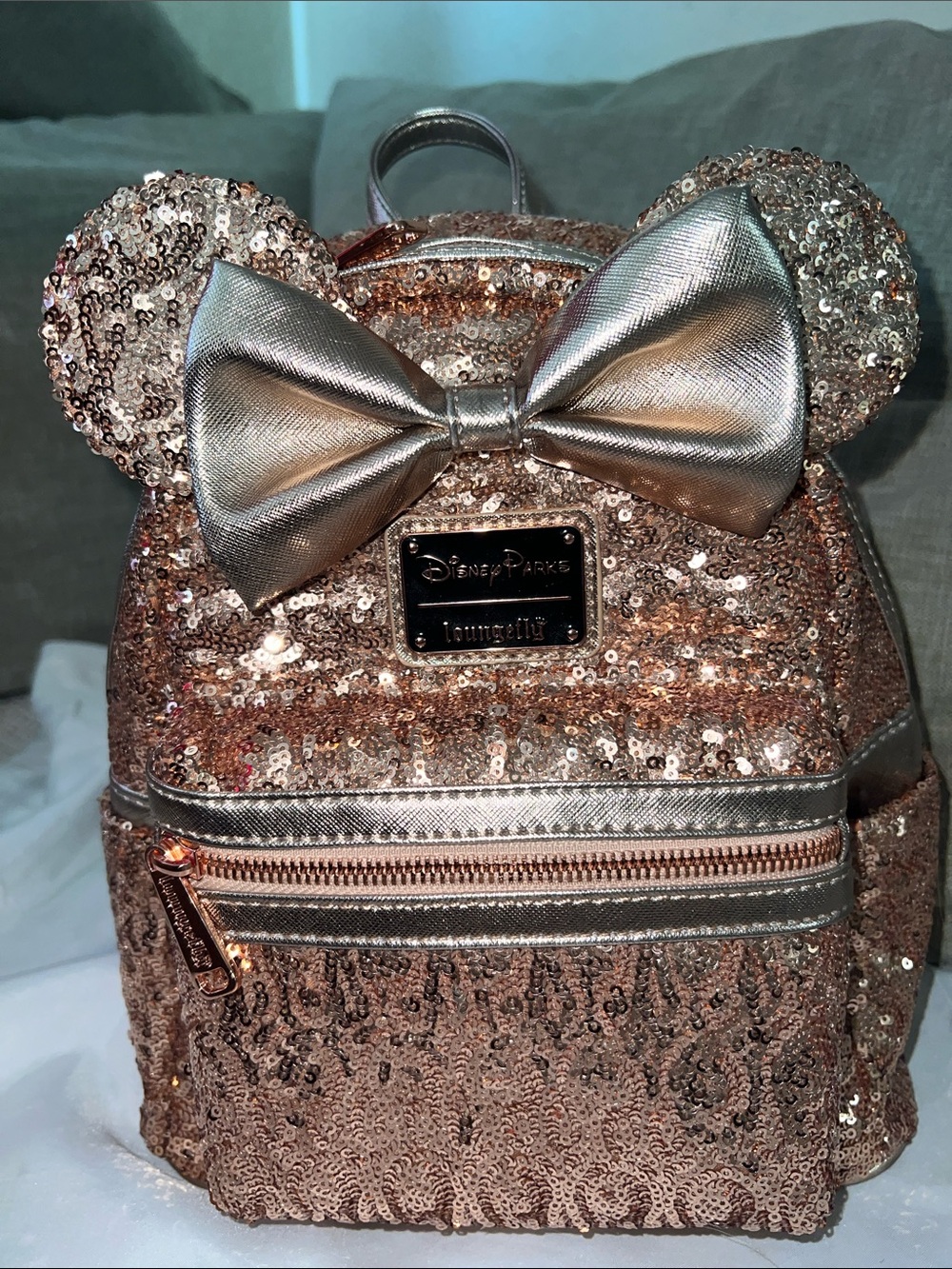 Disney Parks Loungefly Minnie Mouse Rose Gold Sequin Mini Backpack